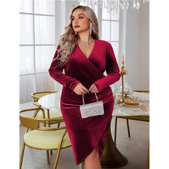 NWT Plus Size Red Velvet Long Sleeve Holiday Bodycon Dress, Soft Stretchy, Wrap - Picture 1 of 6
